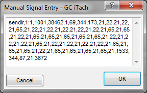 Manual Signal Edit dialog showing GC-iTach format