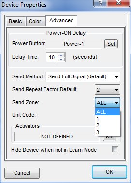 Device properties showing Zones option