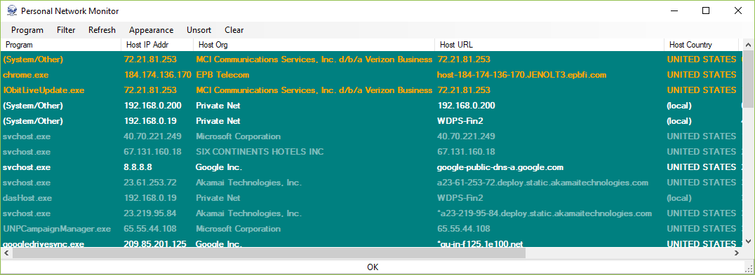 PNetMon main window showing host connections for recent network activity.